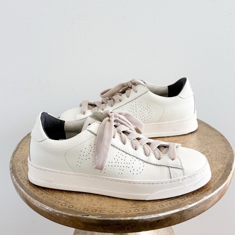 P448 Cream White Leather Sneakers with Light Taupe Laces